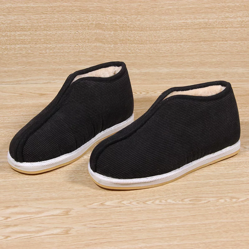 Men Shoes Online - รองเท้าแตะผ้าปักกิ่งโบราณสำหรับฤดูหนาว – รองเท้าสวมสีดำบุด้วยขนแกะให้ความอบอุ่น, รองเท้าใส่ในบ้านกันลื่นสำหรับผู้สูงอายุและผู้ใหญ่