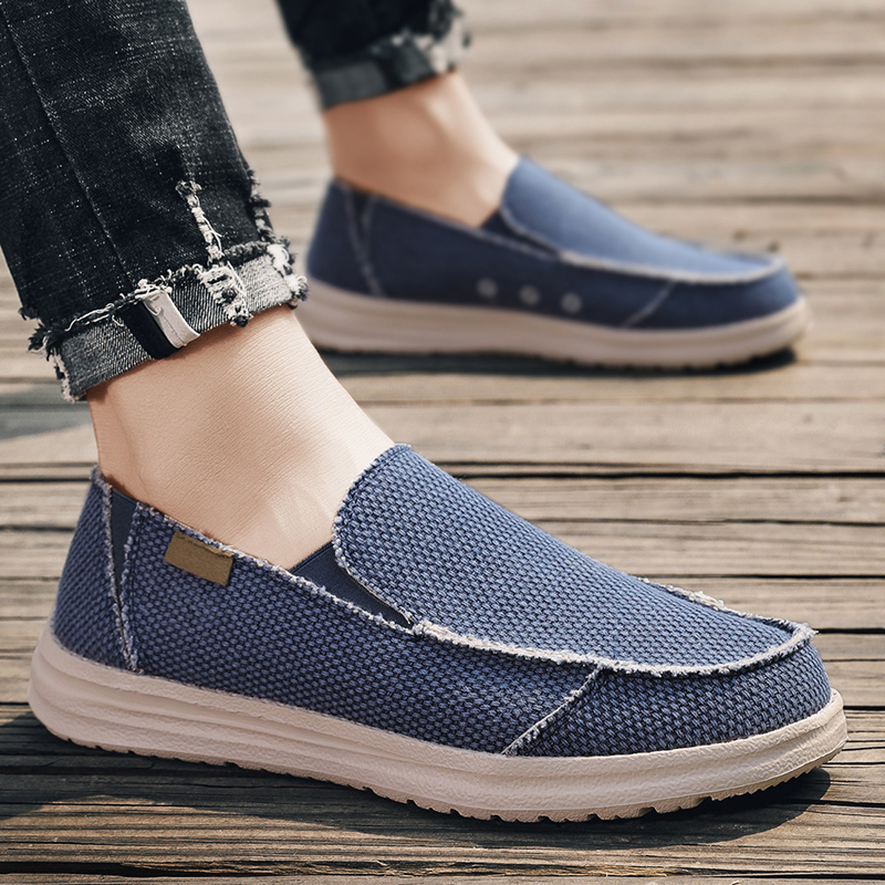 Men Shoes Loafers - รองเท้าผ้าใบกันลื่นสำหรับใส่กลางแจ้ง ใส่สบายในฤดูร้อน ผ้าเดนิม ผ้าแคนวาส ระบายอากาศได้ดี รองเท้าลำลองผู้ชาย