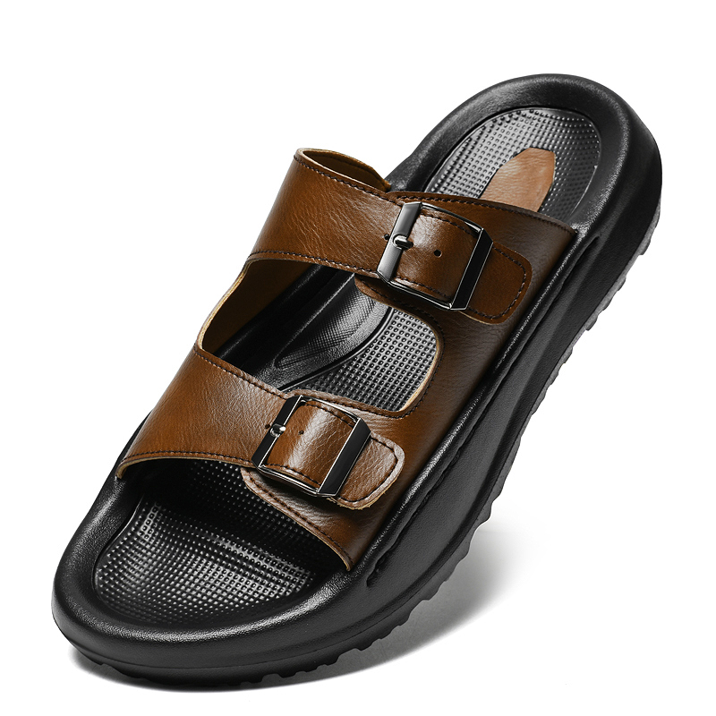 Men Shoes Velcro - บุรุษสวมรองเท้าแตะหนังรองเท้าแตะคู่หัวเข็มขัดนุ่มสบายฤดูร้อนสไลด์รองเท้าแตะรองเท้าหนา 3 ซม