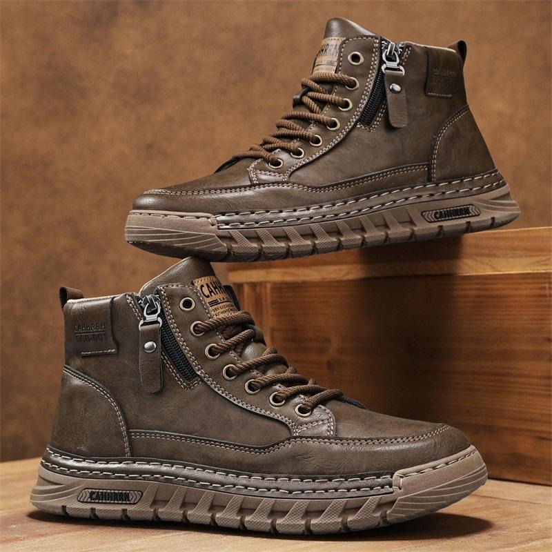 Men'S Shoes Comfortable Walking - รองเท้าบูทหุ้มข้อหนังผู้ชาย รองเท้าบูทขี่มอเตอร์ไซค์สำหรับฤดูใบไม้ผลิและฤดูหนาว กันลื่น สวมใส่สบาย เหมาะสำหรับกิจกรรมกลางแจ้ง เดินป่า