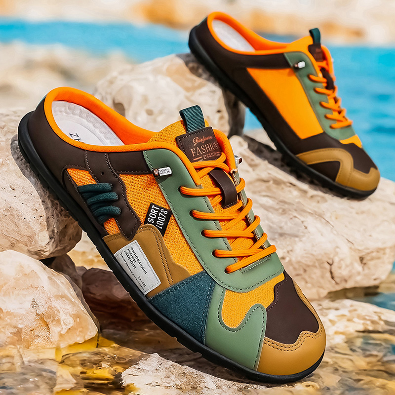 Men'S Shoes Comfortable Walking - รองเท้าแตะครึ่งส้นแฟชั่นกลางแจ้งแบบสีตัดกันสำหรับฤดูใบไม้ผลิและฤดูร้อน รองเท้าเดินชายหาดพื้นนุ่มใส่สบาย รองเท้าสวมใส่สบายระบายอากาศได้ดีสำหรับใช้ในบ้าน