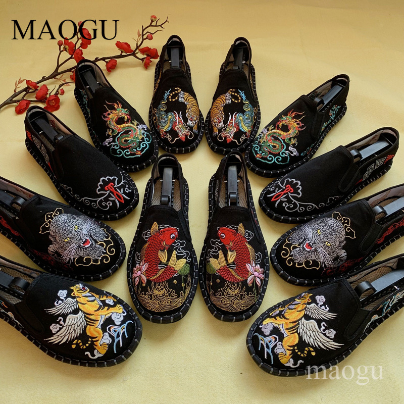 Men Shoes Loafers - รองเท้าสวมแบบยูนิเซ็กส์สไตล์จีน ลายปักมังกรและเสือ พื้นรองเท้าเย็บติด รองเท้าลำลองแบบดั้งเดิมสำหรับผู้ชายและผู้หญิง